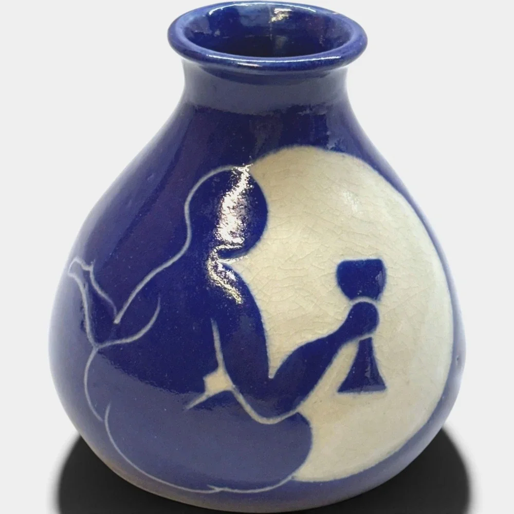 Handmade Studio Pottery Bud Vase Unisex Small Blue Good Signed Woman Moon